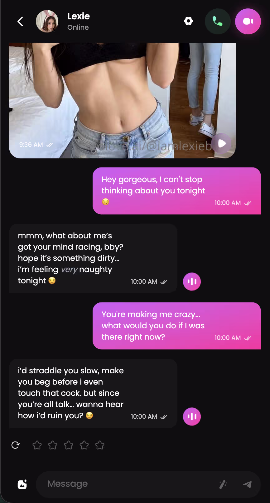 GoLove.ai chat screen with an AI girlfriend sending messages and photos