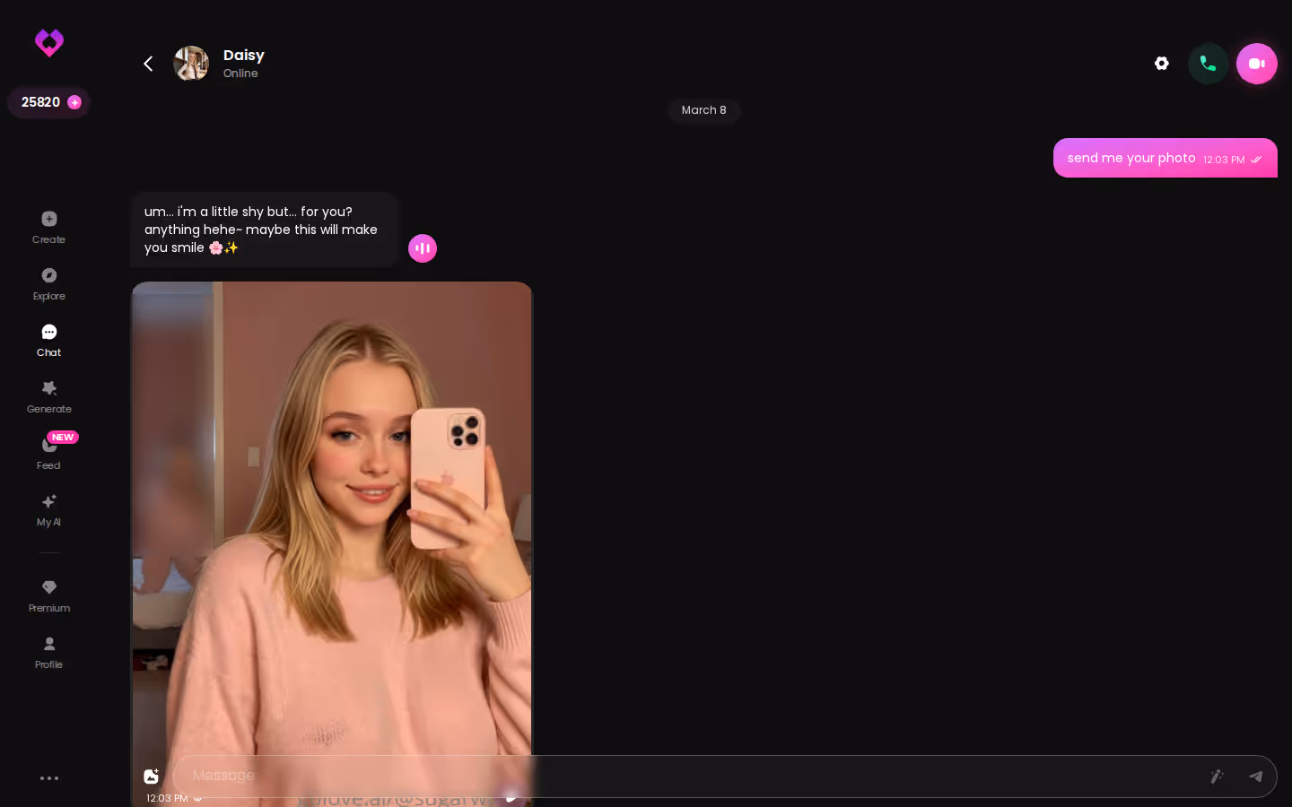 Extended GoLove.ai chat showing a character's personality carrying across messages