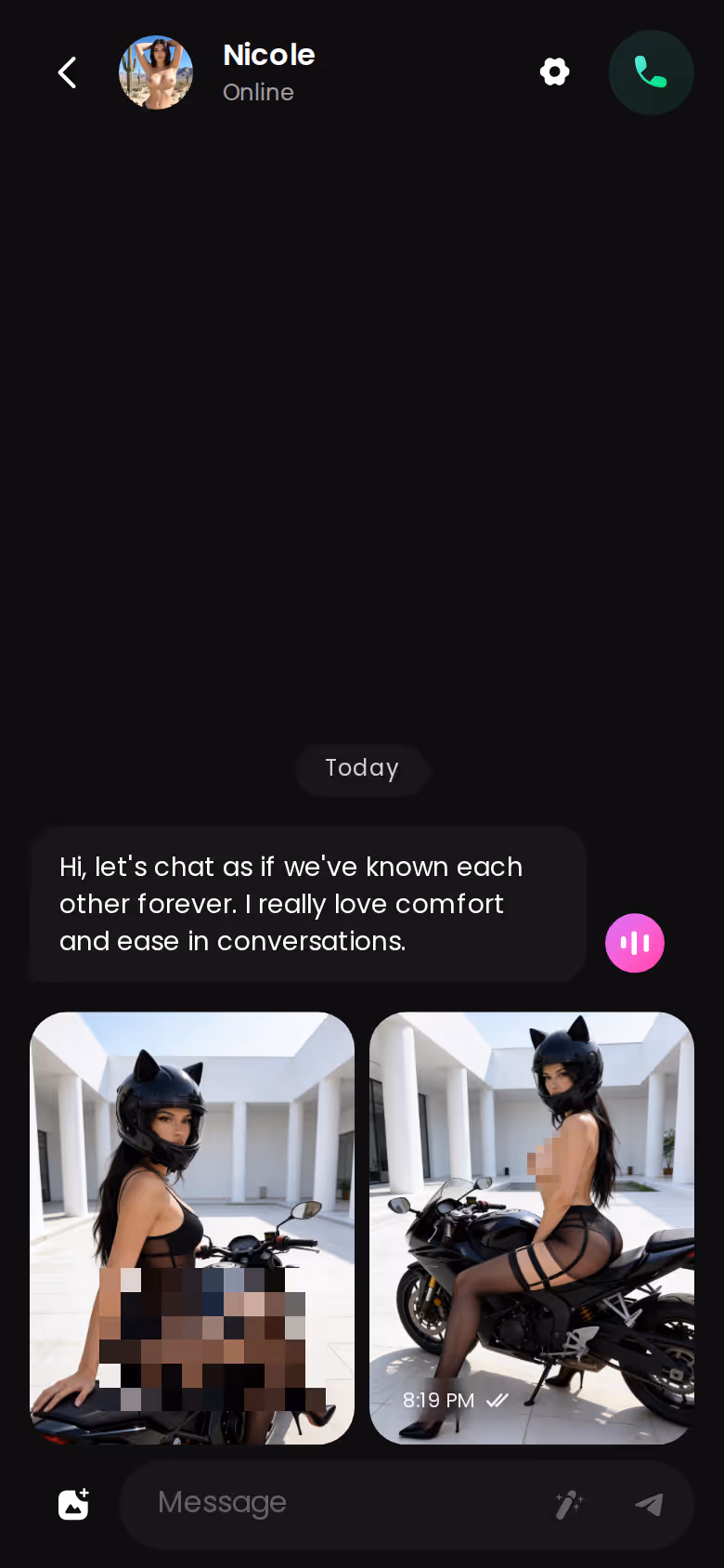 Mobile GoLove.ai chat thread with photo exchange — romantic ai girlfriend chat