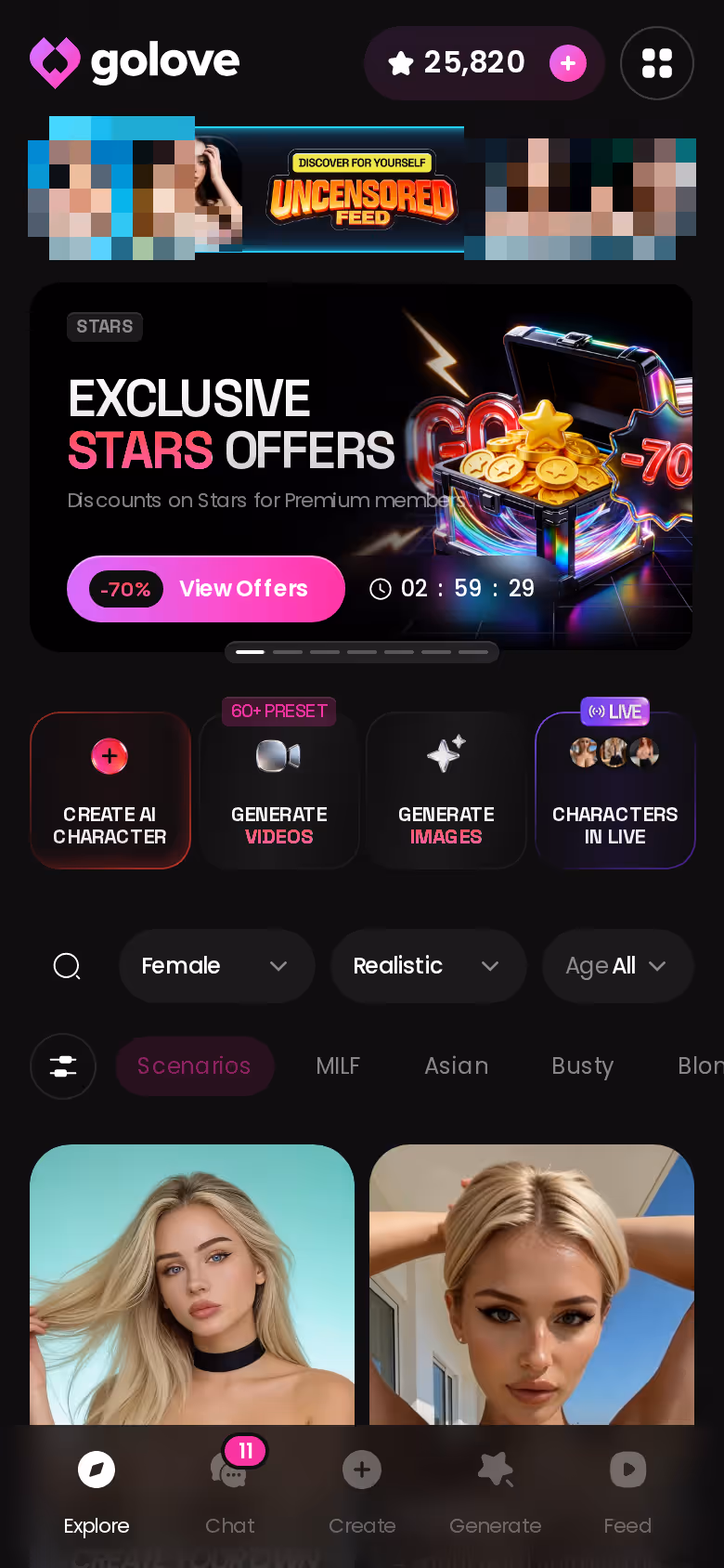 GoLove.ai Explore grid on mobile, where any character opens straight into chat